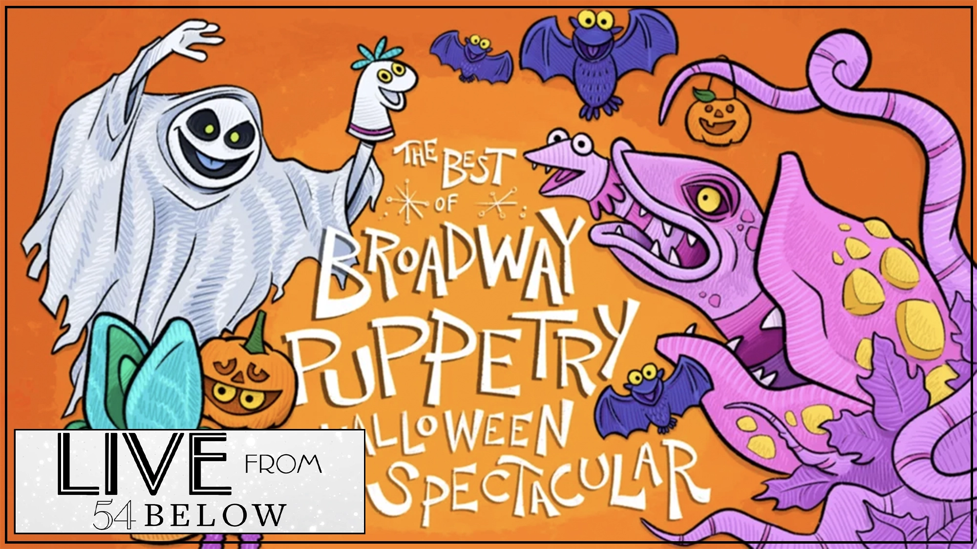 Puppetry show page Colorful cartoon drawing on an orange background features ghost and purple puppet monsters, grinning bats with pumpkins, and expressive eyes. Text: