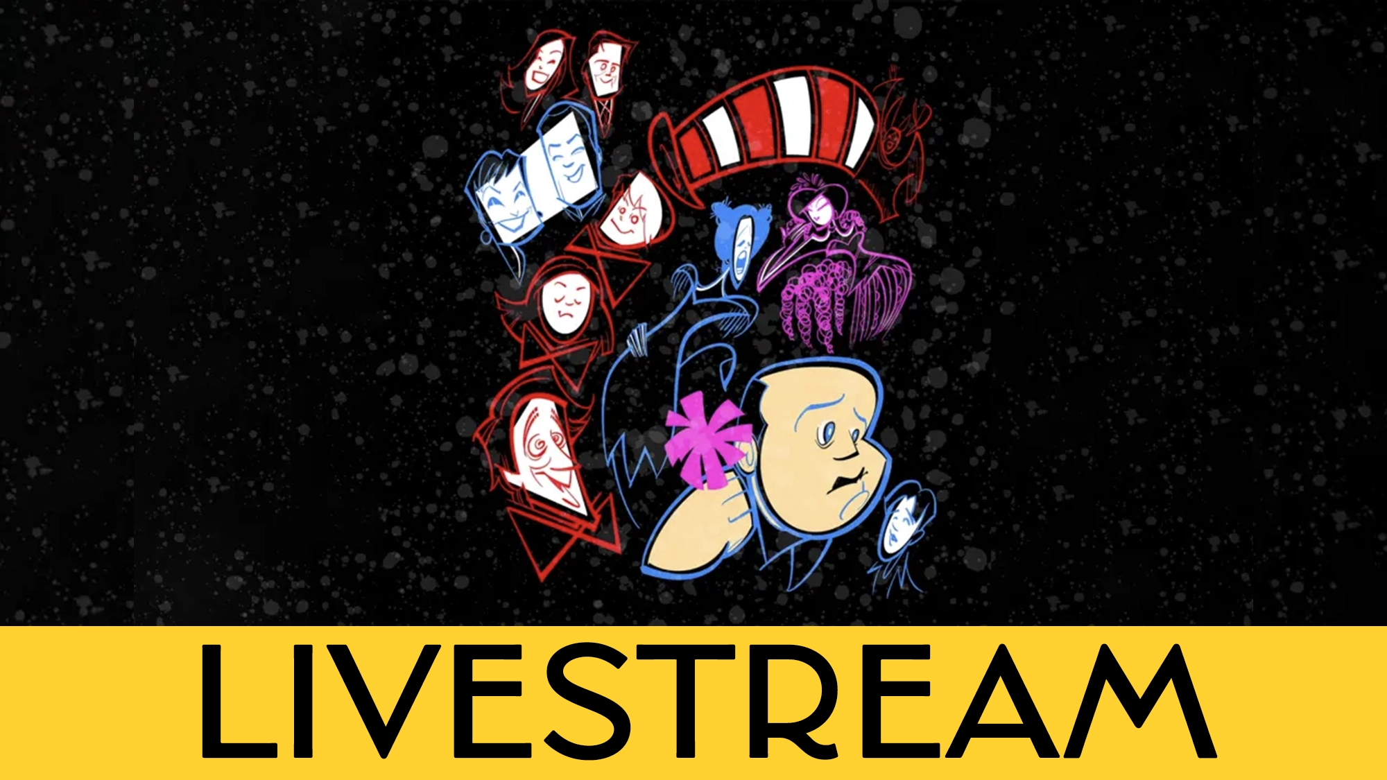 A cartoon figure holding a pink flower stands surrounded by colorful masks and theatrical faces on a speckled black background. A large yellow banner at the bottom displays 