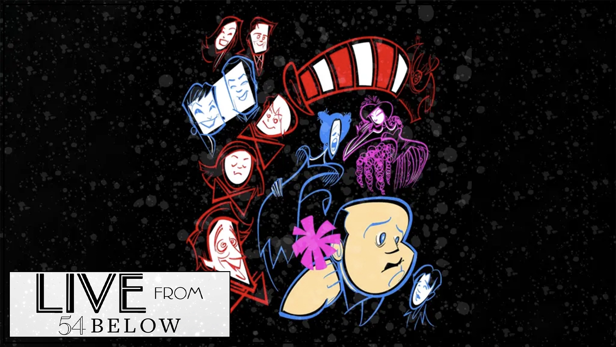 Seussical show page Stylized cartoon faces, masks, and theatrical characters outlined in red, blue, and white appear against a black, textured background. A large face holds a pink flower. In the corner, a white box reads “LIVE FROM 54 BELOW” for the Seussical Anniversary Reunion Concert livestream.