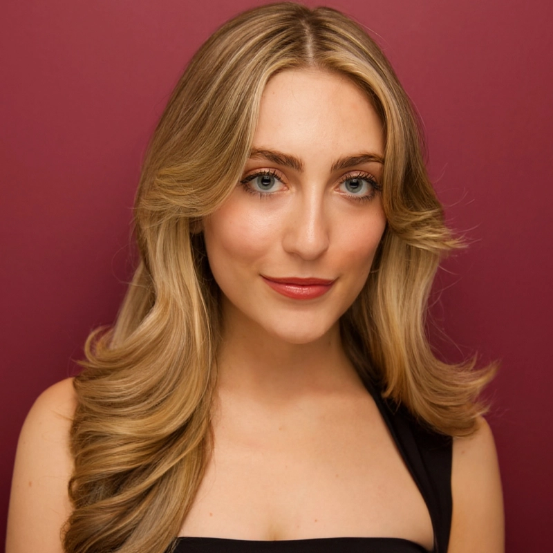 Ashley Sharmat, a woman with long, wavy blonde hair and blue eyes, smiles softly at the camera. She wears a sleeveless black top and natural makeup with pink lipstick. The background is a solid maroon color.