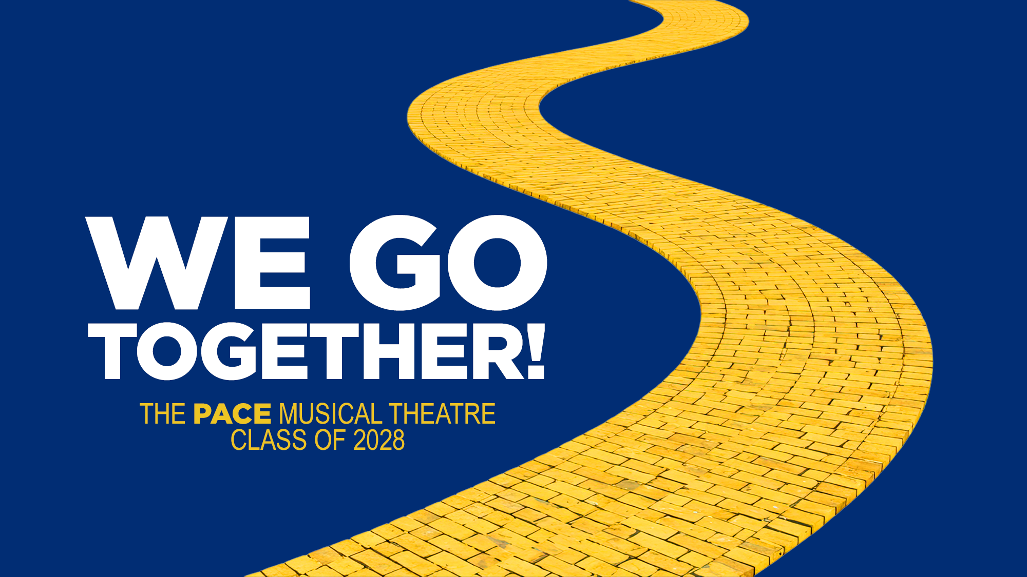A winding yellow brick road curves upward on a solid blue background. Bold white text at left reads, 