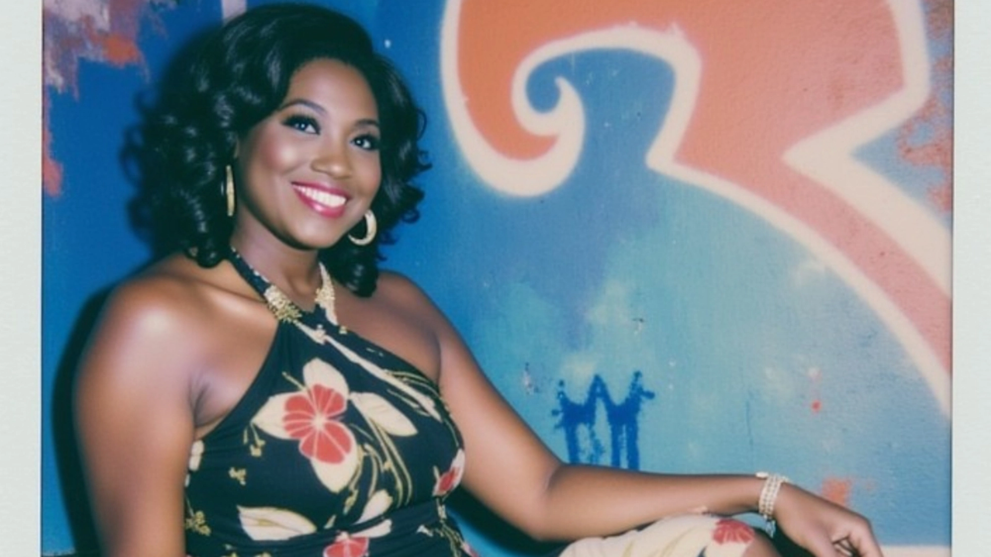 A woman with dark curly hair and bright lipstick smiles, sitting in front of a colorful mural. She wears a black, floral, one-shoulder dress and gold jewelry—a reimagined look reminiscent of Angel Blue’s vibrant style.