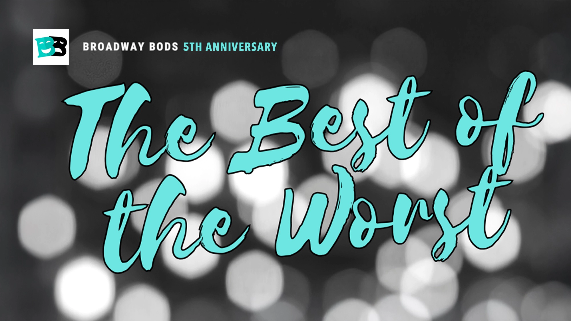 A blurred black-and-white background with white bokeh lights. Bold teal cursive text reads, 