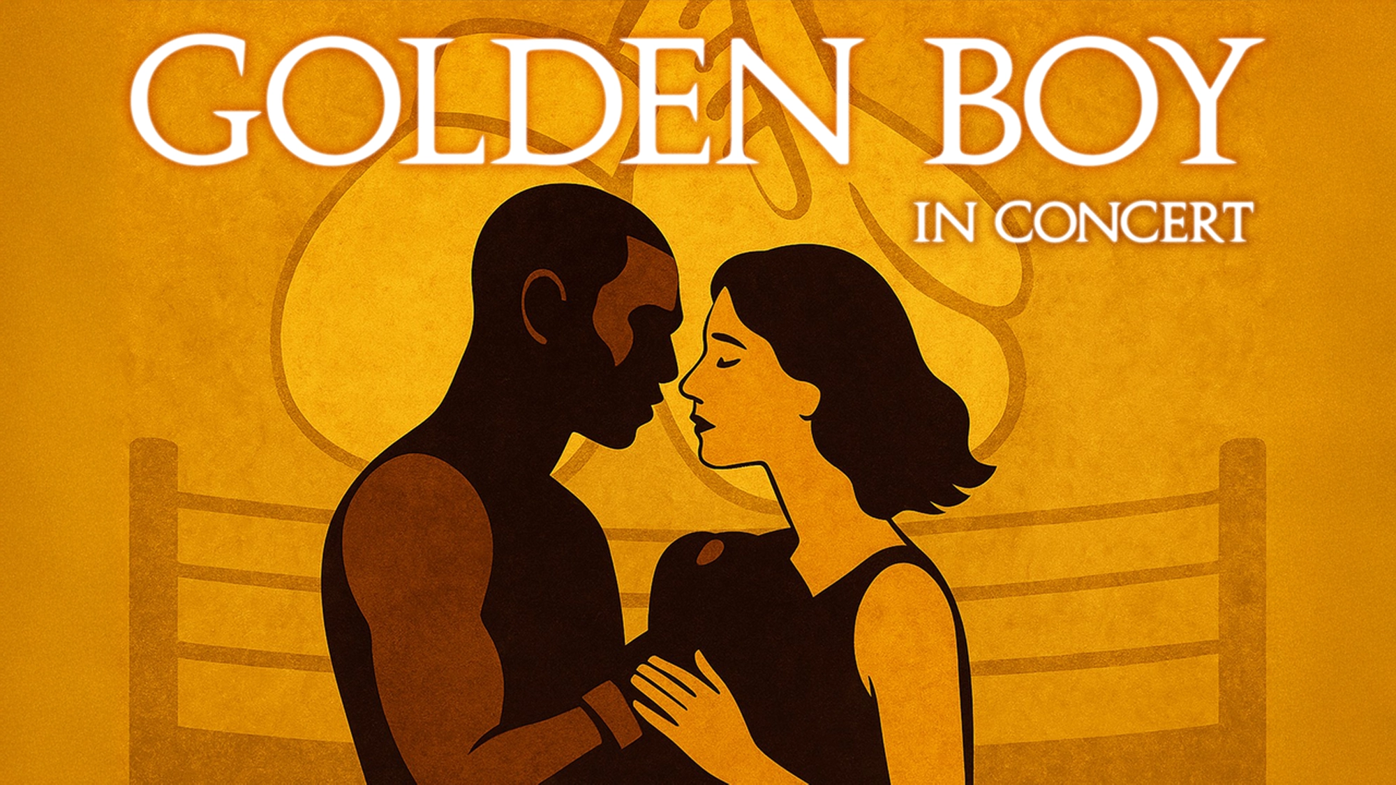 An illustration of a Black male boxer and a white woman facing each other tenderly, hands touching, in front of a stylized boxing ring. Above them, bold white text announces “GOLDEN BOY CONCERT” on a gold and orange textured background.