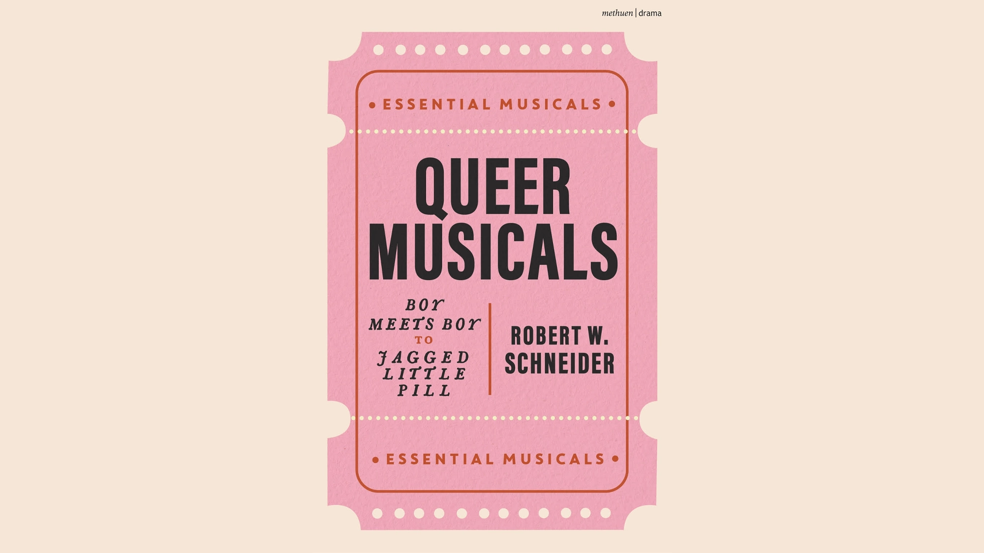 A pink ticket-shaped book cover highlights queer musicals, featuring the title 
