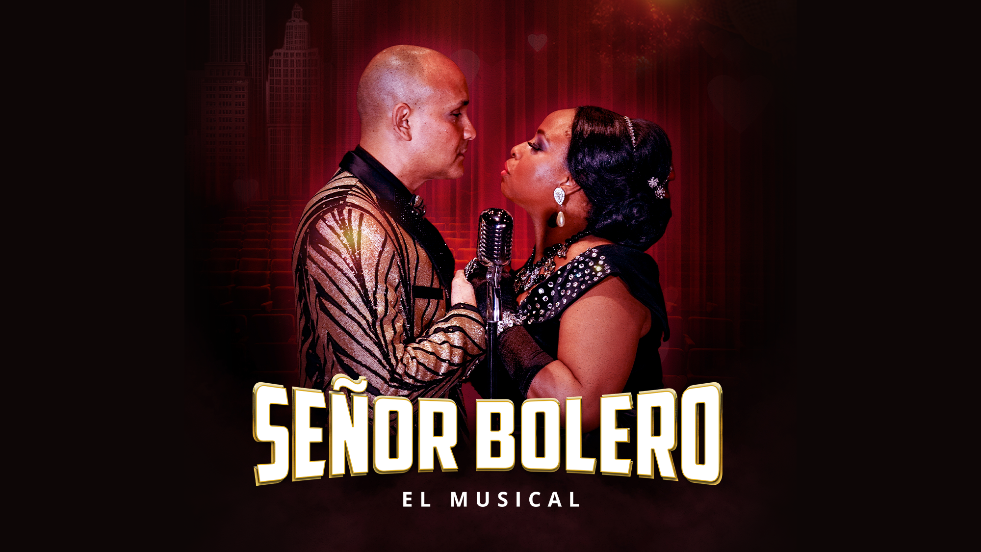 A man and woman face each other closely, holding hands and sharing a vintage microphone. Dressed elegantly, they shine under the lights. Below them, bold text reads 