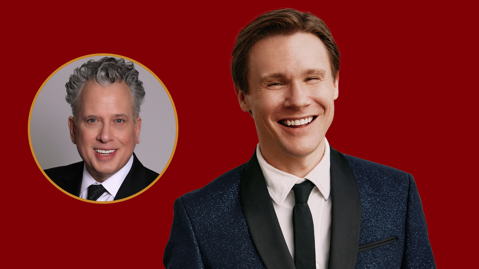 Two men in suits are shown against a solid dark red background. Seth Sikes, smiling broadly in a dark blue sparkly suit, stands on the right. On the left, a smaller circular portrait features Billy Stritch with gray hair in a black suit and striped tie.