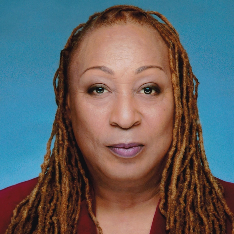 Michael Michelle Lynch, with long, light brown dreadlocks and medium skin tone, faces the camera against a plain blue background. They have arched eyebrows, subtle makeup, a burgundy top, and a calm, neutral expression.