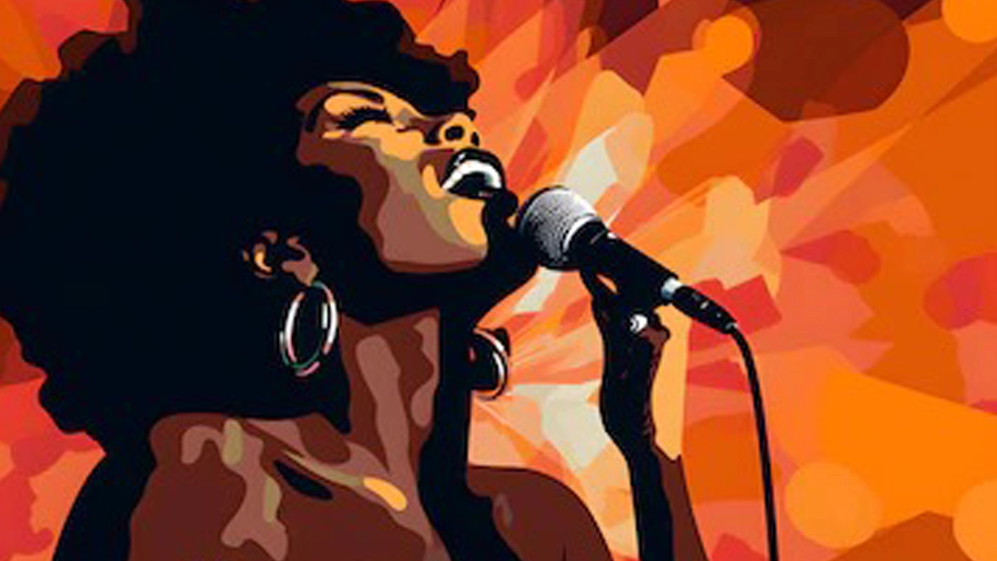 A stylized, colorful illustration of a woman singing passionately into a microphone embodies the spirit of Sistas N Soul. Large hoop earrings, an afro hairstyle, and radiant orange and red shapes emphasize her energy, presence, and love for music.
