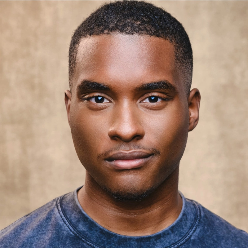 A young Black man with short, neatly trimmed hair looks directly at the camera with a slight smile. He is wearing a dark blue, tie-dye shirt. The background is a soft, textured light brown, giving a warm, professional feel to the portrait.