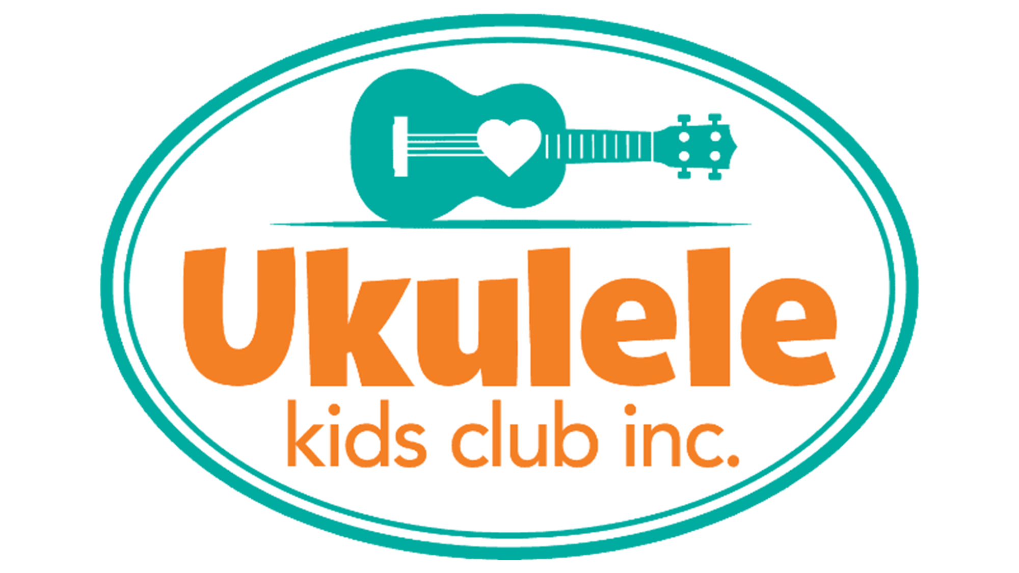 Logo with a teal ukulele featuring a white heart on its body, above the orange text “Ukulele Kids Club Inc.,” all enclosed in a teal oval border on a white background—perfect for promoting the UKC Broadway Brunch event.