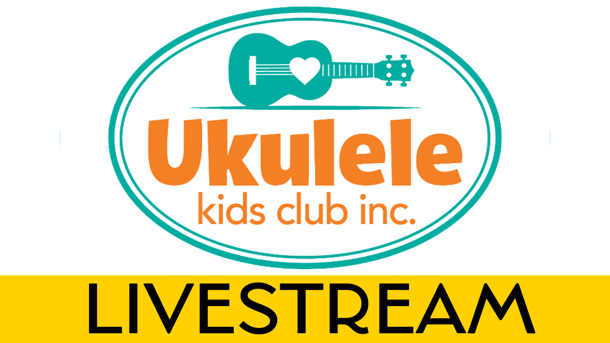 Logo with a teal ukulele featuring a heart, above orange text reading “Ukulele Kids Club Inc.” inside an oval border. Below, a yellow banner displays the word “LIVESTREAM”—perfect for the Ukulele Kids Club UKC Broadway Brunch event.