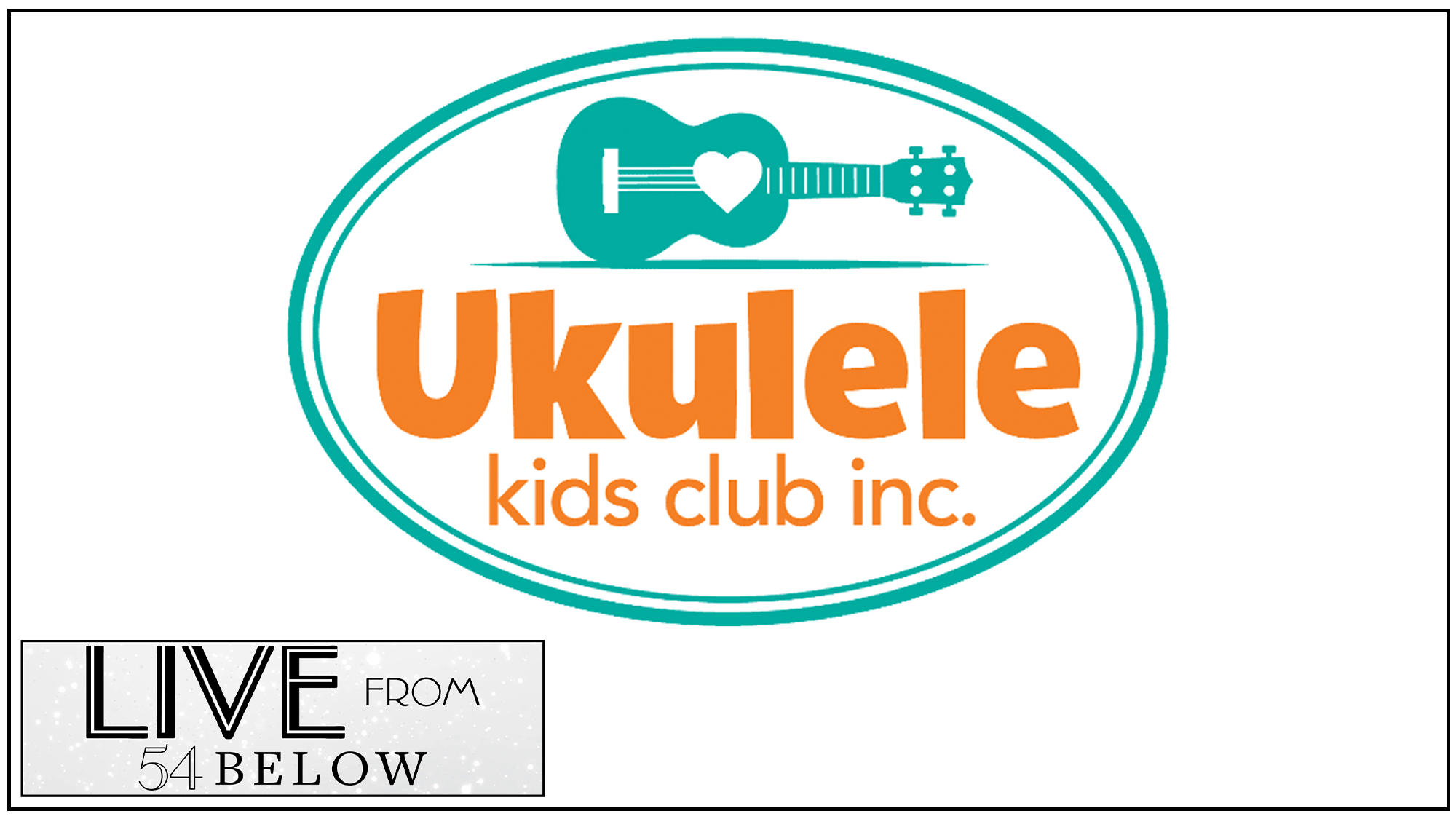 show page live Bukulele kids club Logo with a teal oval outline featuring a teal ukulele and heart-shaped sound hole above bold orange