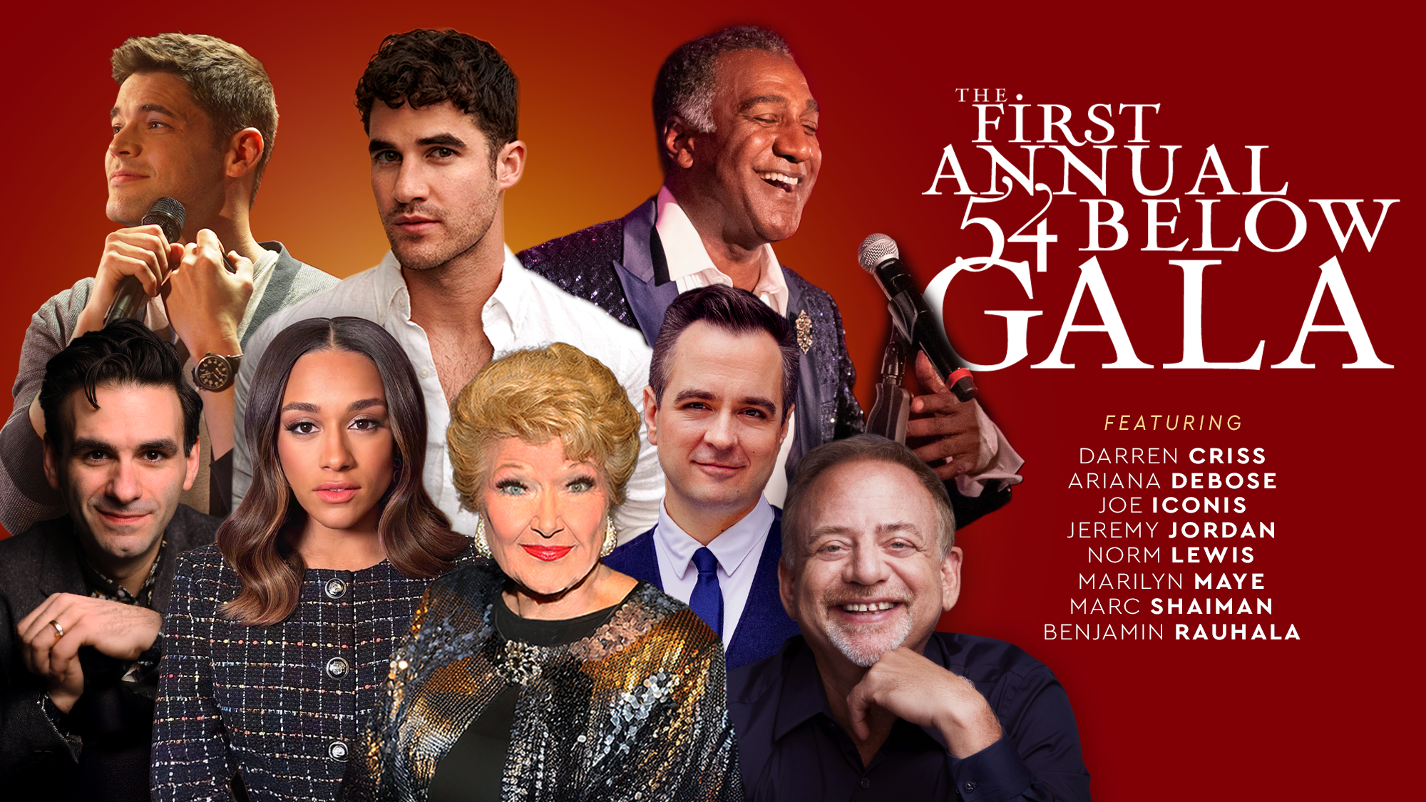 v6_site image 26_First Gala A group of eight smiling performers stands with microphones against a red backdrop. Bold text announces the First Annual 54 Below Gala, featuring stars like Darren Criss, Ariana DeBose, Joe Iconis, and more.