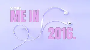 A pair of white earphones lies on a pastel purple background. Large pink text reads 