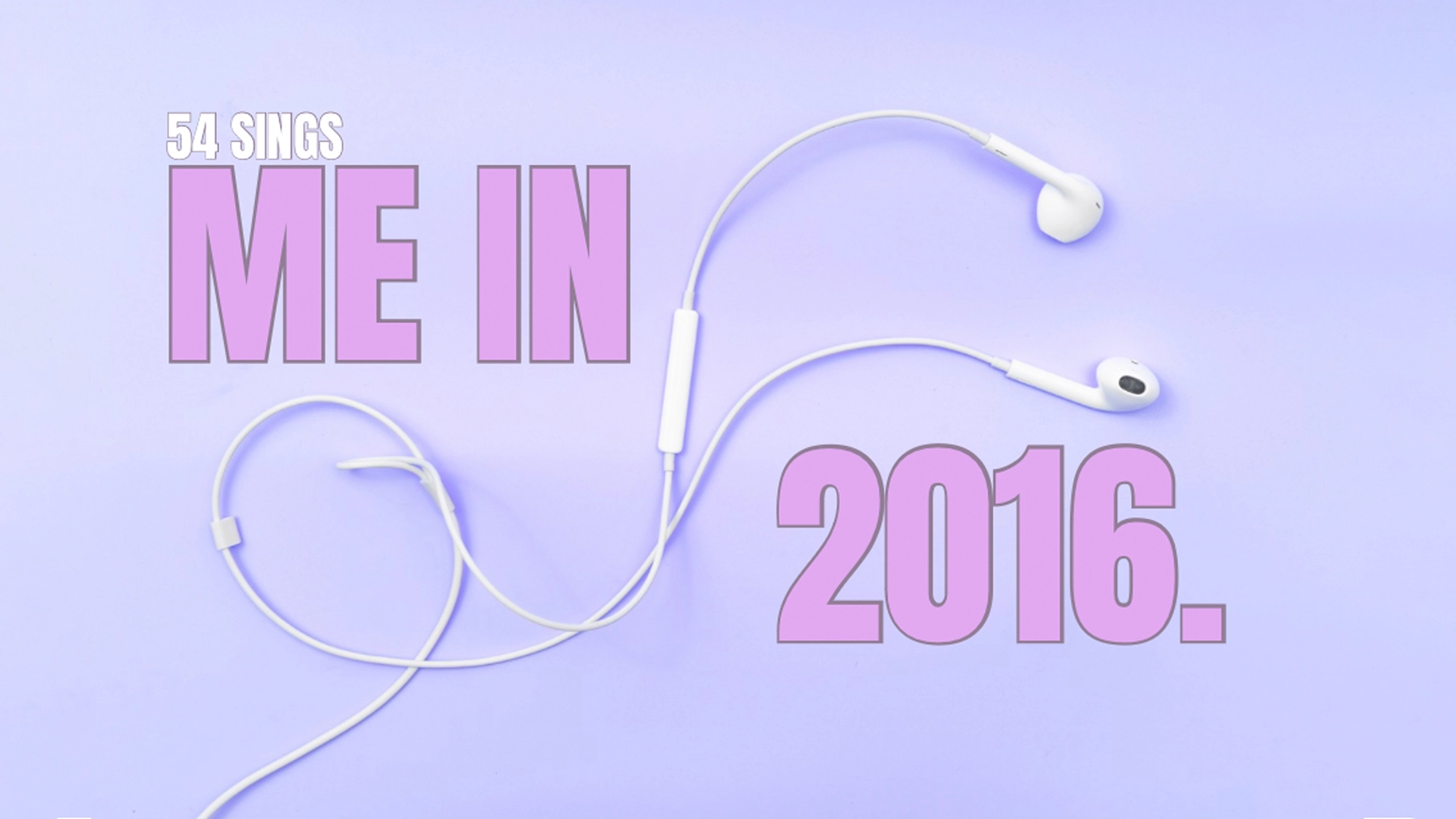 A pair of white earphones lies on a pastel purple background. Large pink text reads 