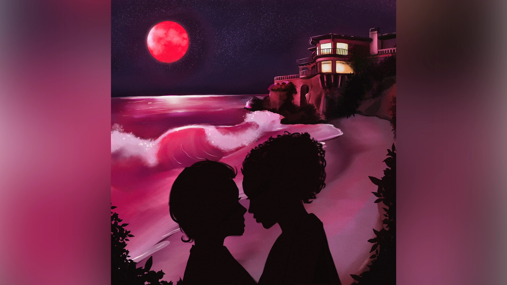 Two people stand close, silhouetted against a glowing pink-purple ocean beneath a vibrant red full moon at Blood Moon Manor. Waves crash near the well-lit cliffside house, with stars above—creating a romantic, dreamlike scene.