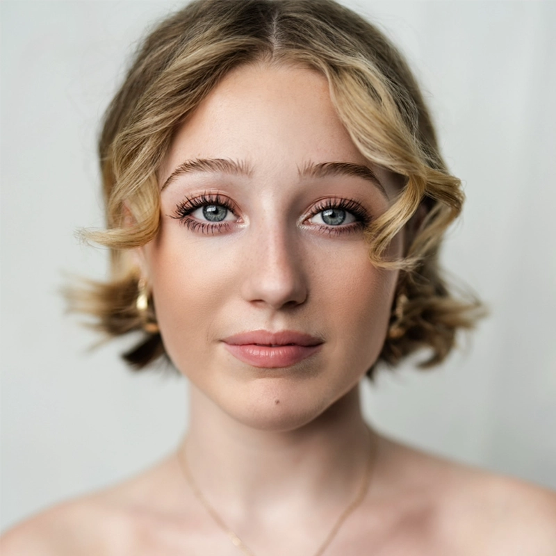 A young woman with light skin and short, wavy blonde hair looks directly at the camera. She has blue eyes, defined eyebrows, and natural makeup. She wears small gold hoop earrings, a delicate necklace, and a soft, neutral expression against a plain background.