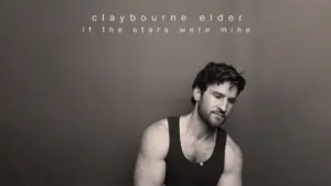A black-and-white photo of Claybourne Elder, a man with dark hair and a beard, wearing a sleeveless dark tank top, looking down pensively. The background is plain. At the top, white text reads: 