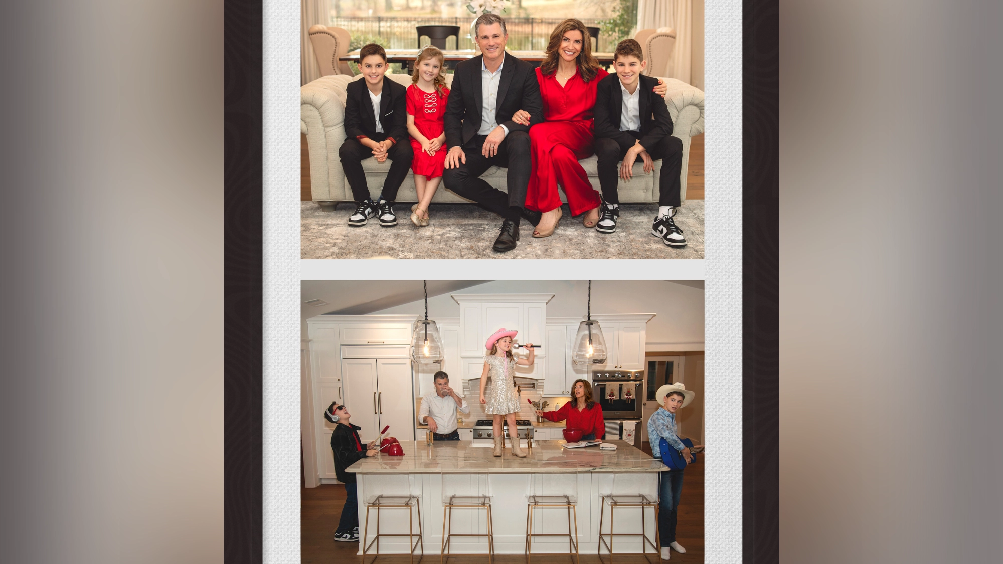 The Cavenaugh Powers Family of five poses formally on a sofa, all dressed up; below, the same family—led by Matt Cavenaugh and Jenny Powers—appears playfully interacting in a bright kitchen as the girl stands on the counter while everyone smiles.