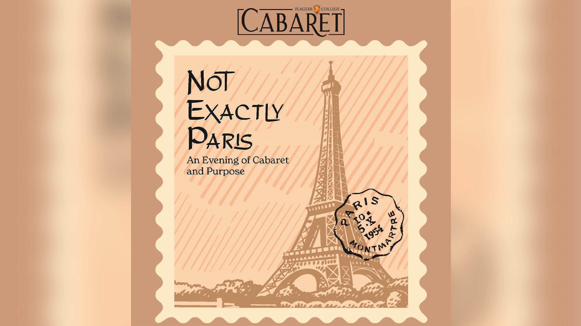 A stylized vintage postcard features an illustration of the Eiffel Tower, evoking Parisian charm. The text reads “Not Exactly Paris: An Evening of Cabaret and Purpose at 54 Below.” Foreground stamp: “Paris Montmartre, 18-24 Sept. 1952.” Light brown background with borders.