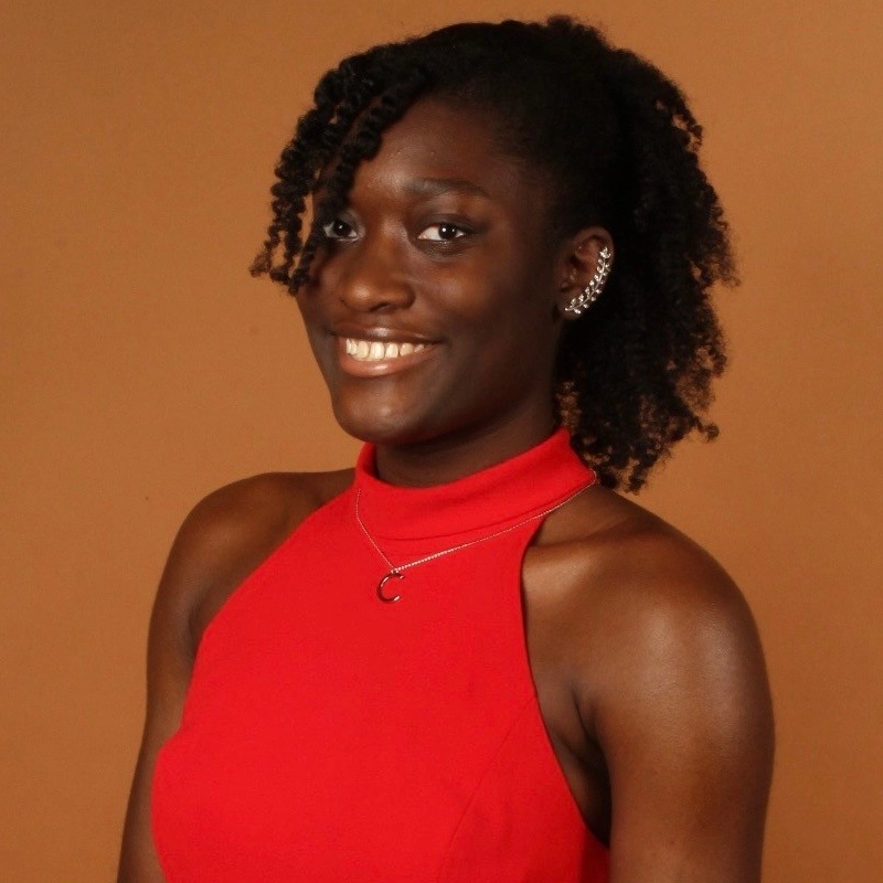 Chelsea Kingston, a woman with medium-dark skin and natural curly hair, poses against a brown background. Wearing a sleeveless red top, silver necklace, and decorative ear cuff, she smiles while looking slightly to the left of the camera.