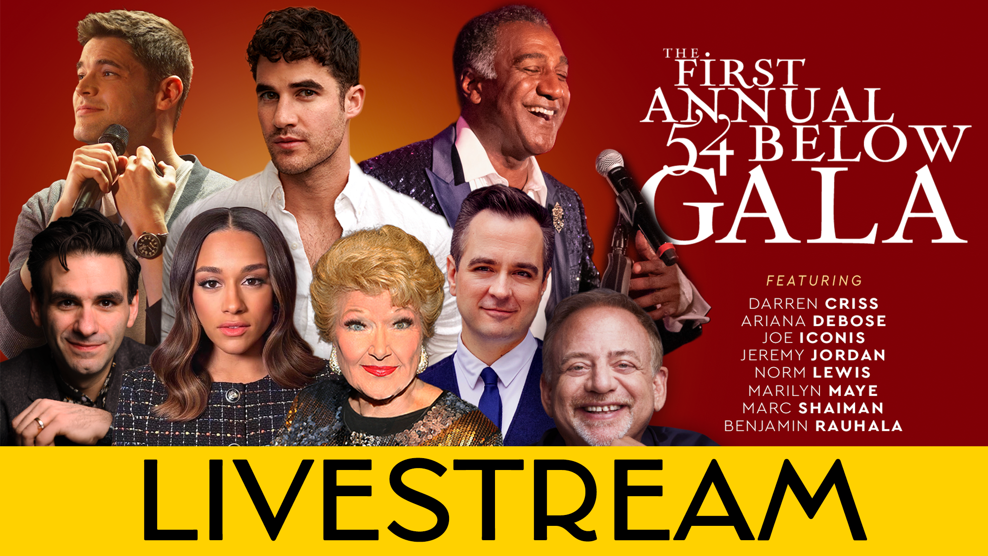 A collage of smiling performers, including Darren Criss and Ariana DeBose, appears above bold 