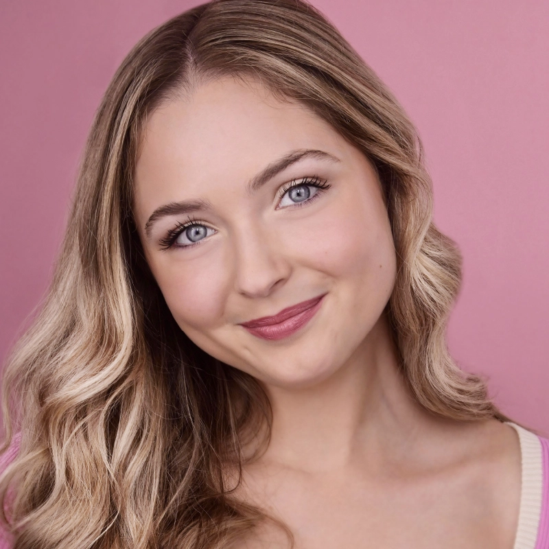 Young woman with long, wavy blonde hair smiles softly. She has light blue eyes, fair skin, and wears subtle makeup. The background is solid pink, and she is dressed in a light-colored top with thin stripes. Her head is slightly tilted, radiating the gentle charm of Sara Ross Avery.