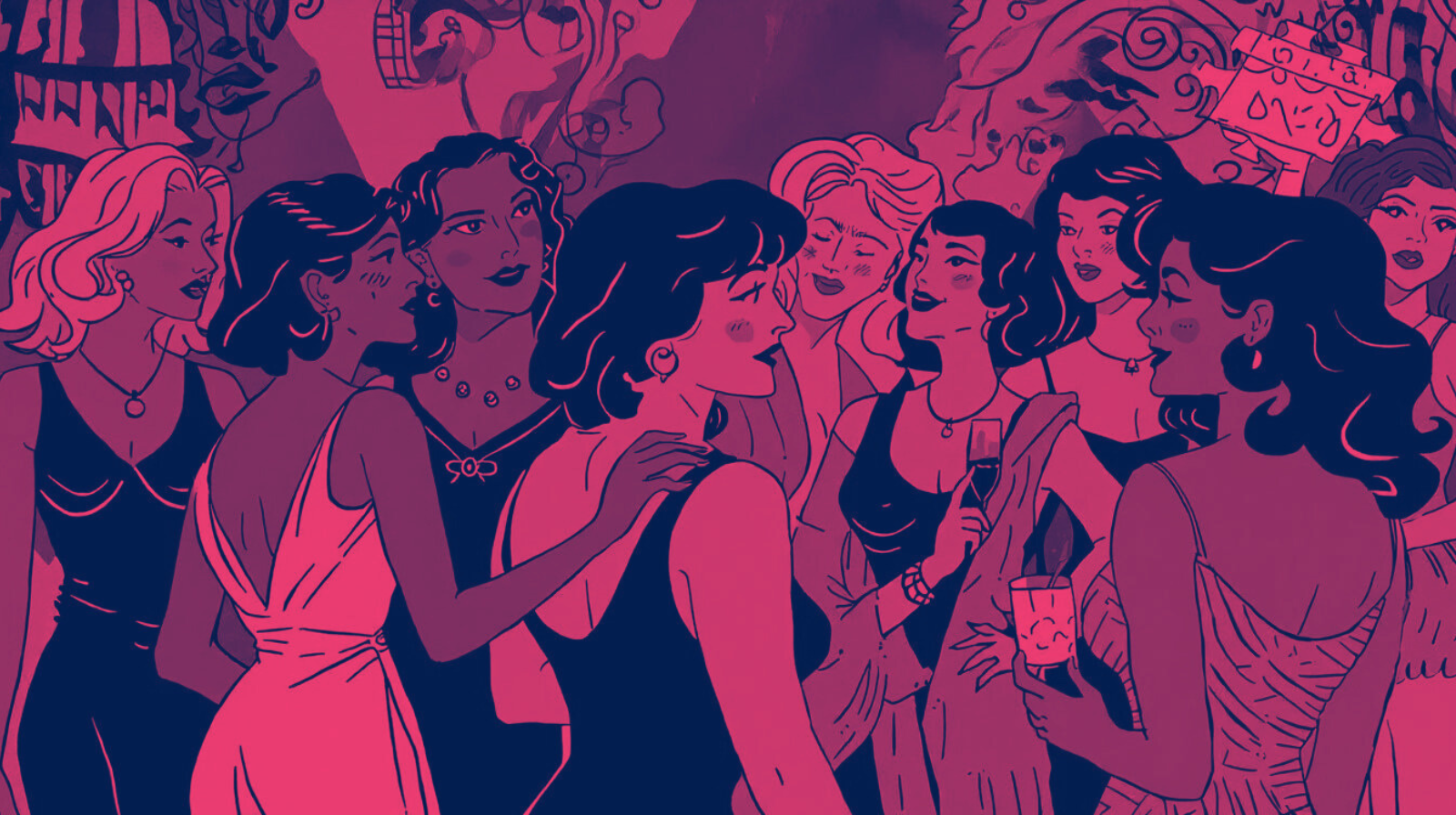 A group of stylish women in elegant dresses stand close together at a lively Pride Month party, some holding drinks. The illustration uses shades of pink, purple, and blue, creating a festive yet intimate atmosphere with expressive, conversational poses.