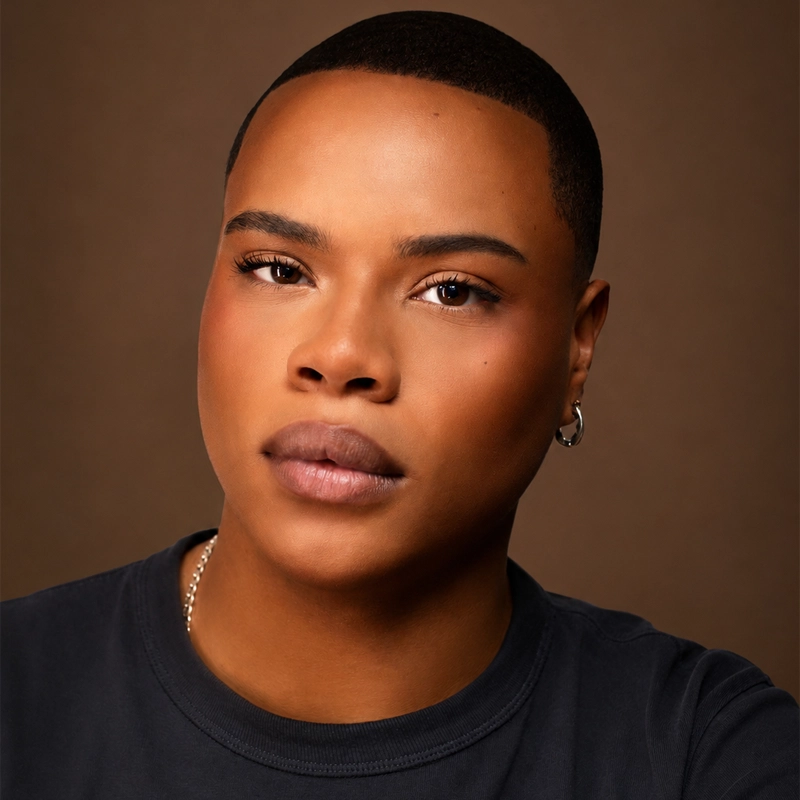 Julian Walton, a person with short hair, smooth skin, hoop earrings, and a neutral expression, gazes directly at the camera against a plain brown background. They wear a dark shirt and a thin chain necklace. The photo is well-lit, highlighting Julian Walton’s facial features.