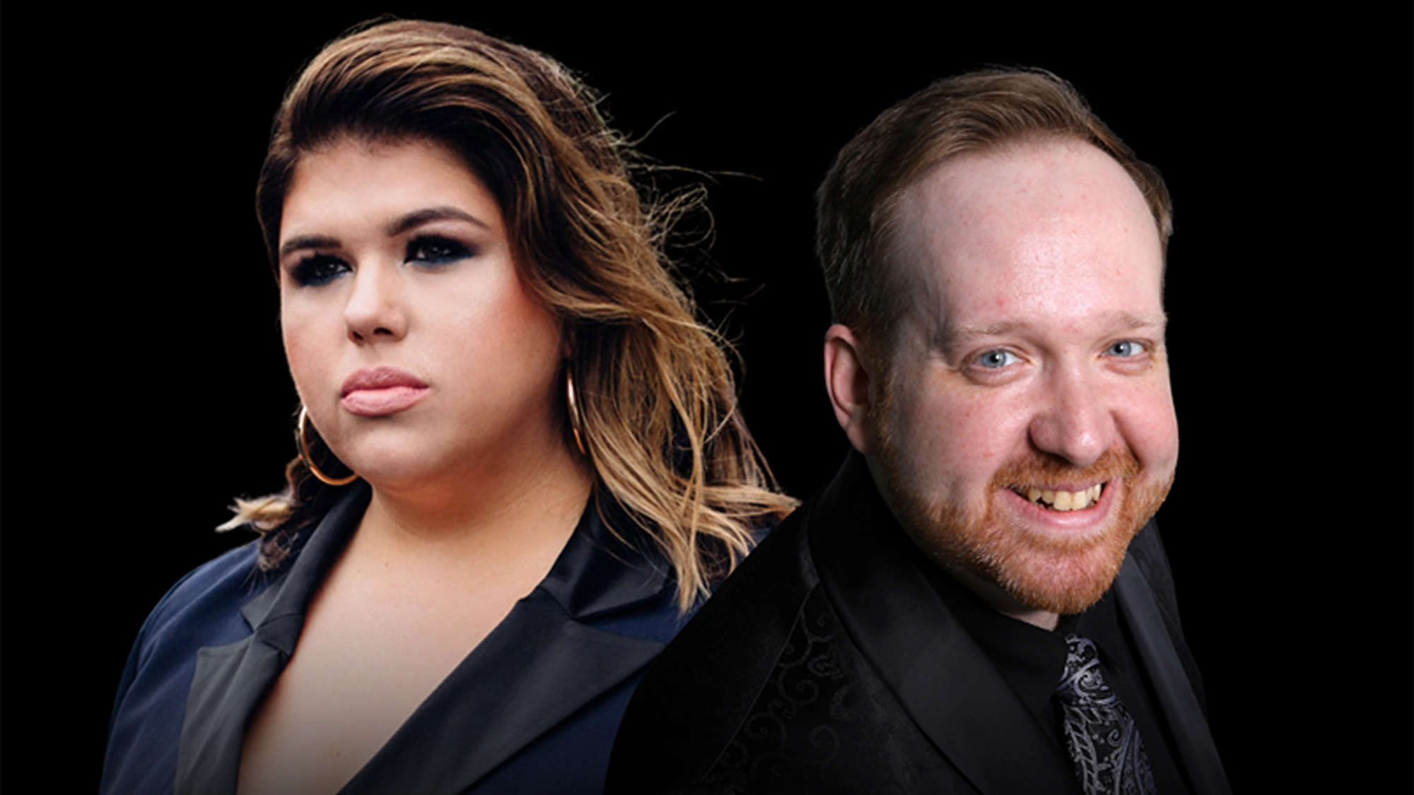 A woman with long, wavy brown hair and hoop earrings poses in a dark blazer, looking serious. Next to her, Michael Kirk Lane smiles in a patterned suit jacket and tie. Both appear Together Again against a solid black background.