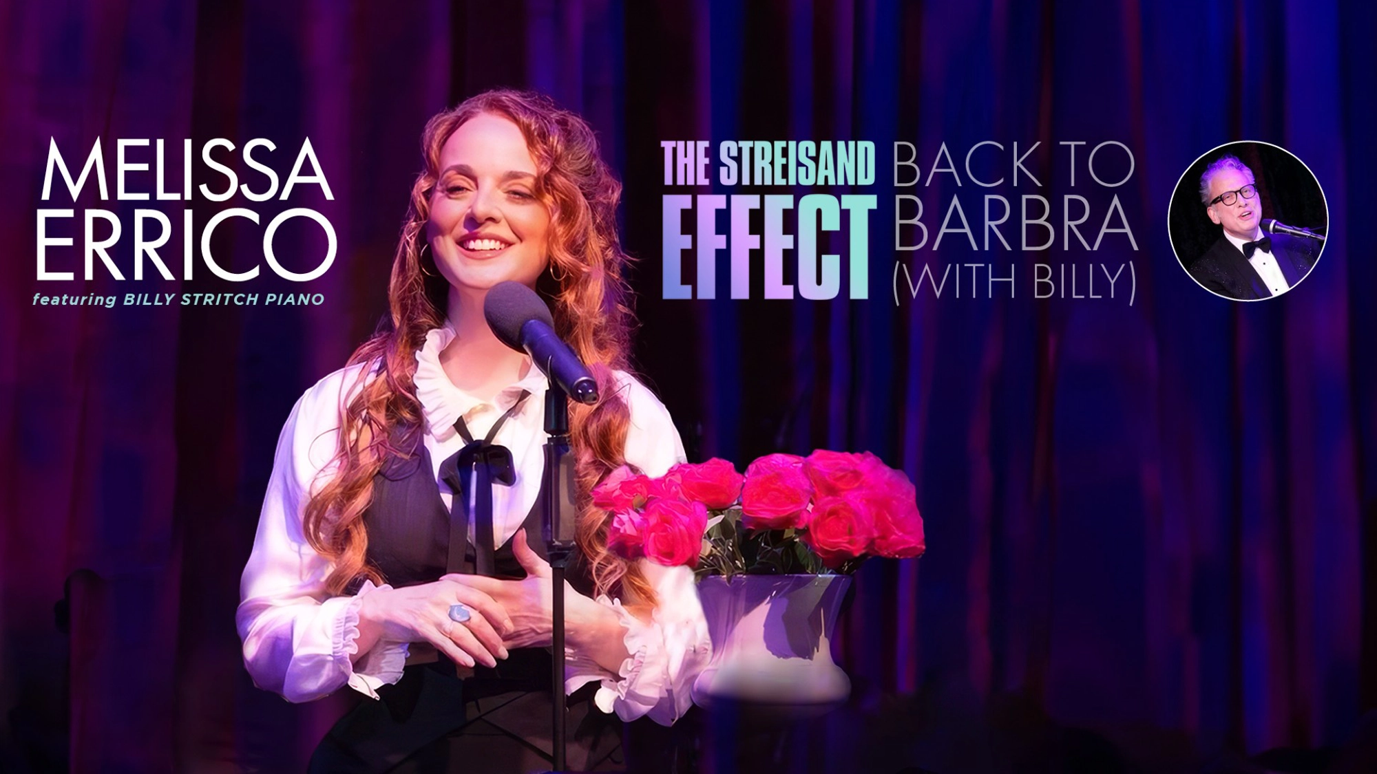 A smiling woman with long wavy hair, dressed in a white blouse and black vest, stands at a microphone with a vase of red roses. The text reads: 