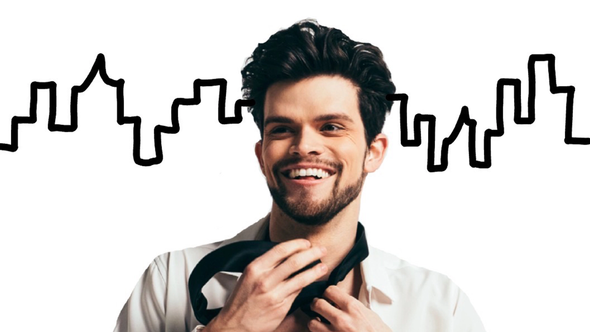 A smiling man with dark hair and a beard adjusts a black necktie around his neck. He wears a white shirt and stands against a white background with a black, hand-drawn city skyline—ready for an evening event by Kraft With A K.