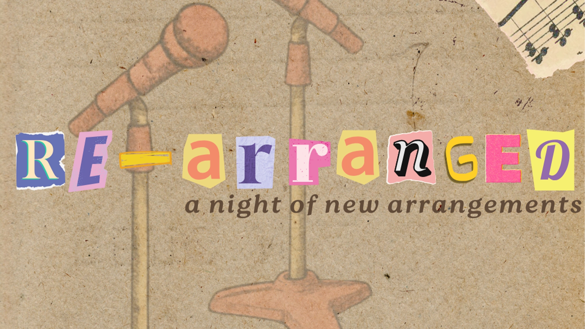A brown textured background features illustrations of three microphones. 