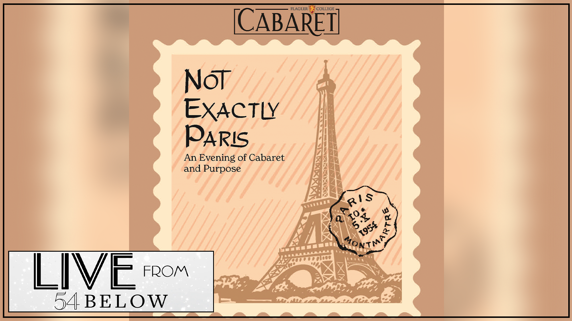 A square pink and white label with a tower, text, and a hint of cabaret flair—perfect for fans of 54 Below or those who enjoy a touch of livestream magic.