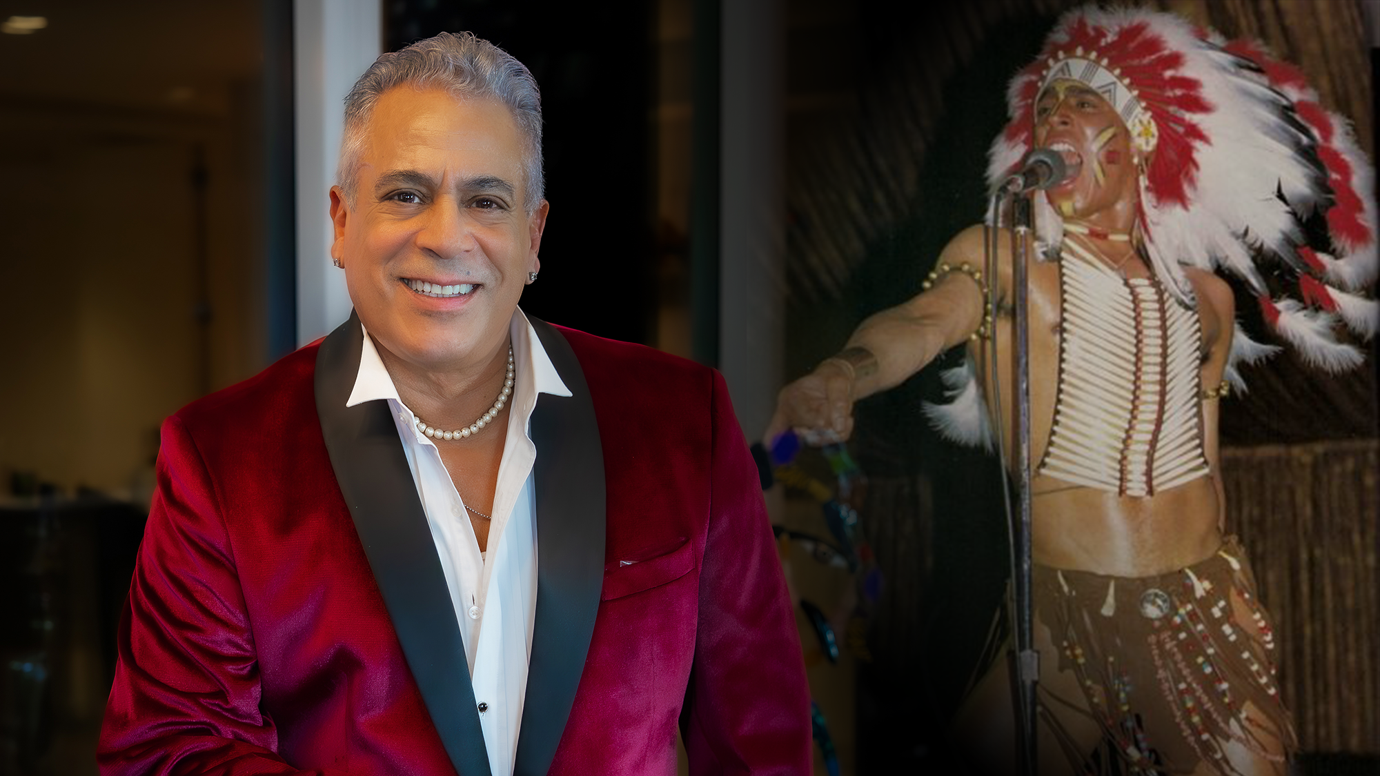 A smiling man in a red velvet tuxedo jacket and pearl necklace stands in the foreground. In the background, Felipe Rose performs live on stage in a Native American headdress and costume, blending Cabaret Disco flair into the scene.
