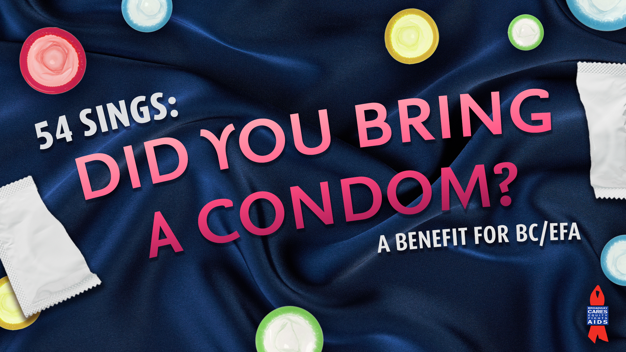 The image features colorful condoms and two wrappers on dark satin. Large pink text reads 