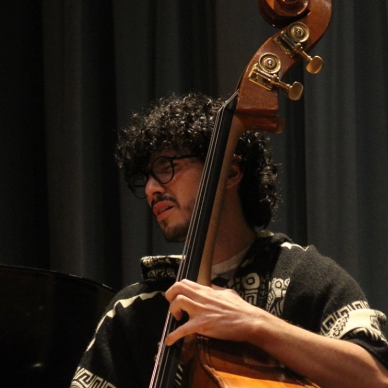 Koleby Boyston, with curly dark hair, glasses, and a patterned black-and-white sweater, plays an upright double bass. Dark curtains and part of a piano are visible behind him, suggesting a stage or performance setting.