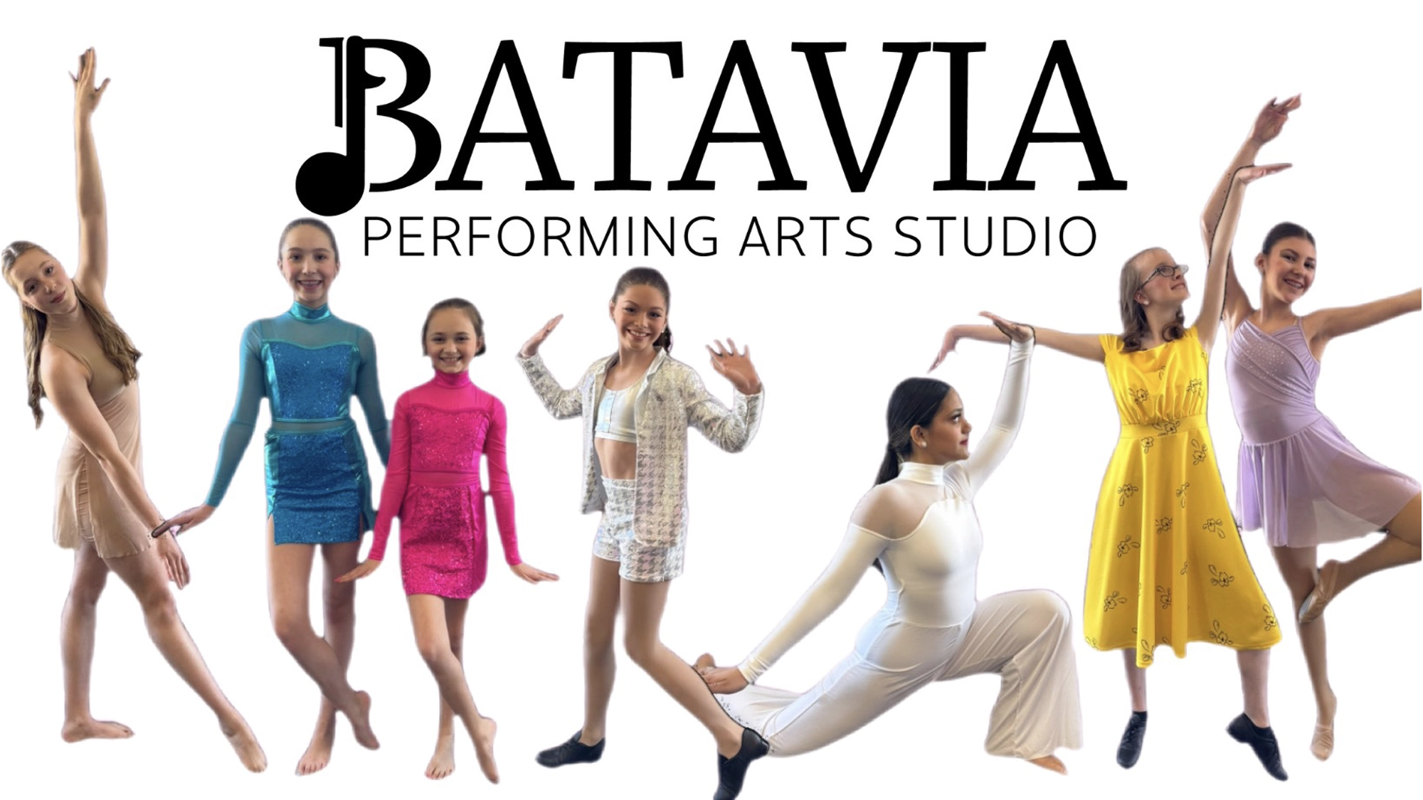 Seven girls in colorful dance costumes pose in various dance positions on a white background. Above them, bold black text reads 