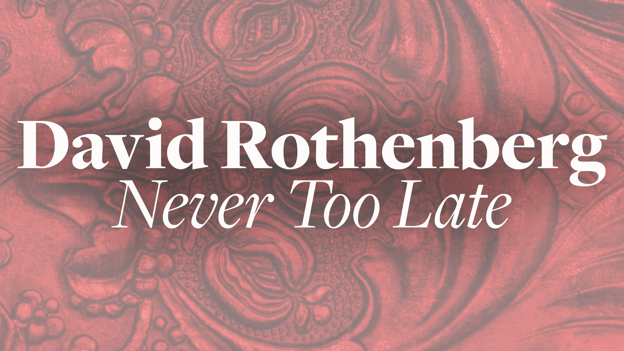David Rothenberg The image displays “David Rothenberg Never Too Late” in bold, italic white font over a red, ornate embossed background, featuring elegant floral and swirl patterns.
