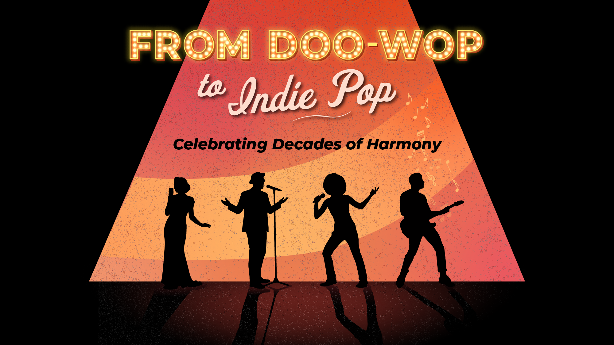 A retro-styled poster shows four silhouetted singers and musicians under a spotlight. The text above reads, 