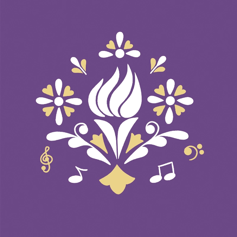 Stylized white and gold floral design on a purple background, with three flowers, symmetrical leaves, and a central flame-like shape. Musical symbols—recalling NYU’s vibrant mariachi traditions—circle the motif in perfect harmony.