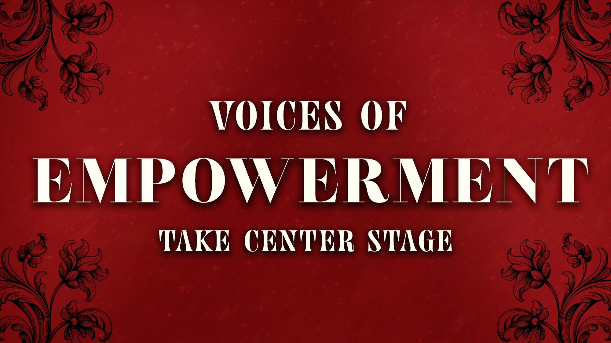 A red background with black floral corner designs features bold white text: 