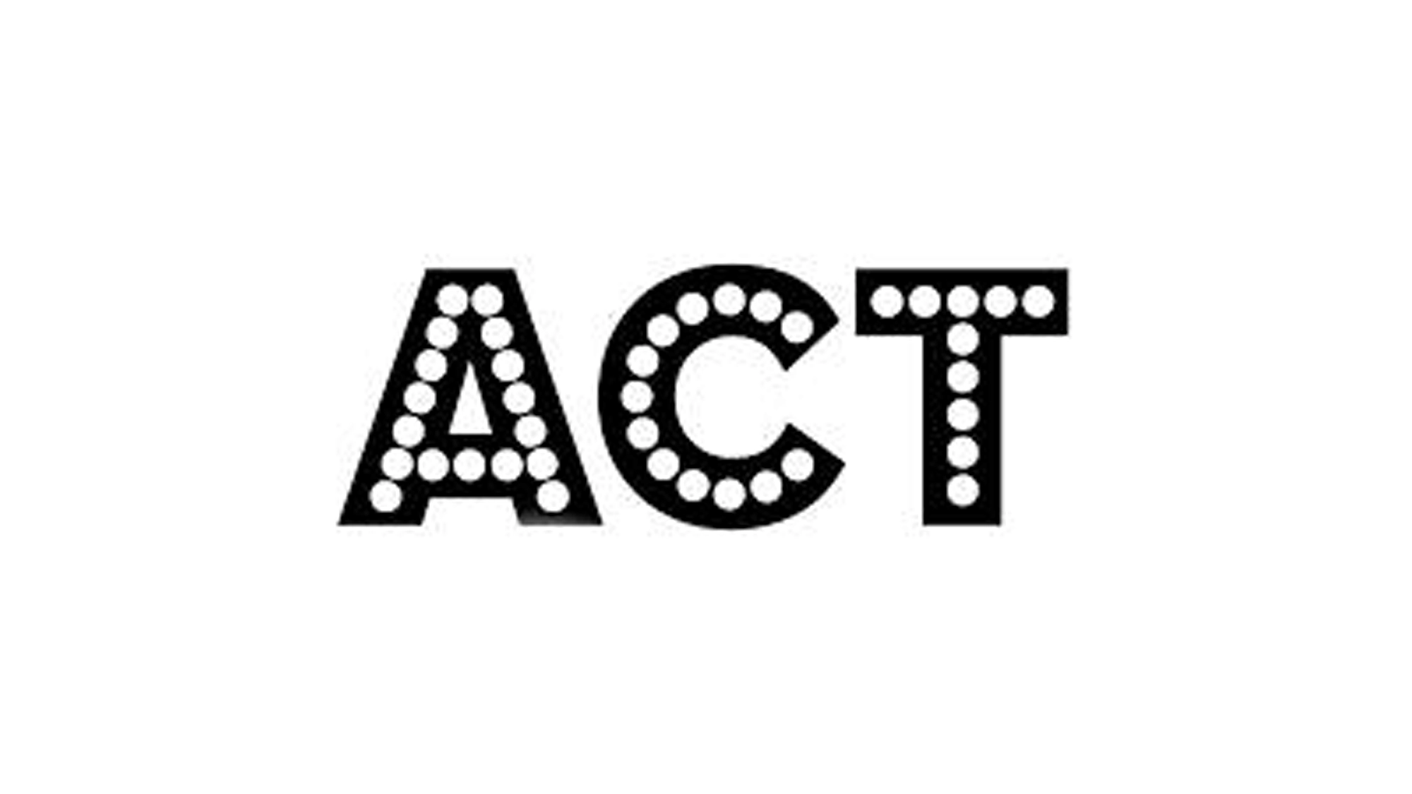 The word “ACT” is written in bold black capital letters on a white background. Each letter is filled with evenly spaced white circles, creating a Broadway-style marquee effect—perfect for Arlington Children’s Theatre in Boston.