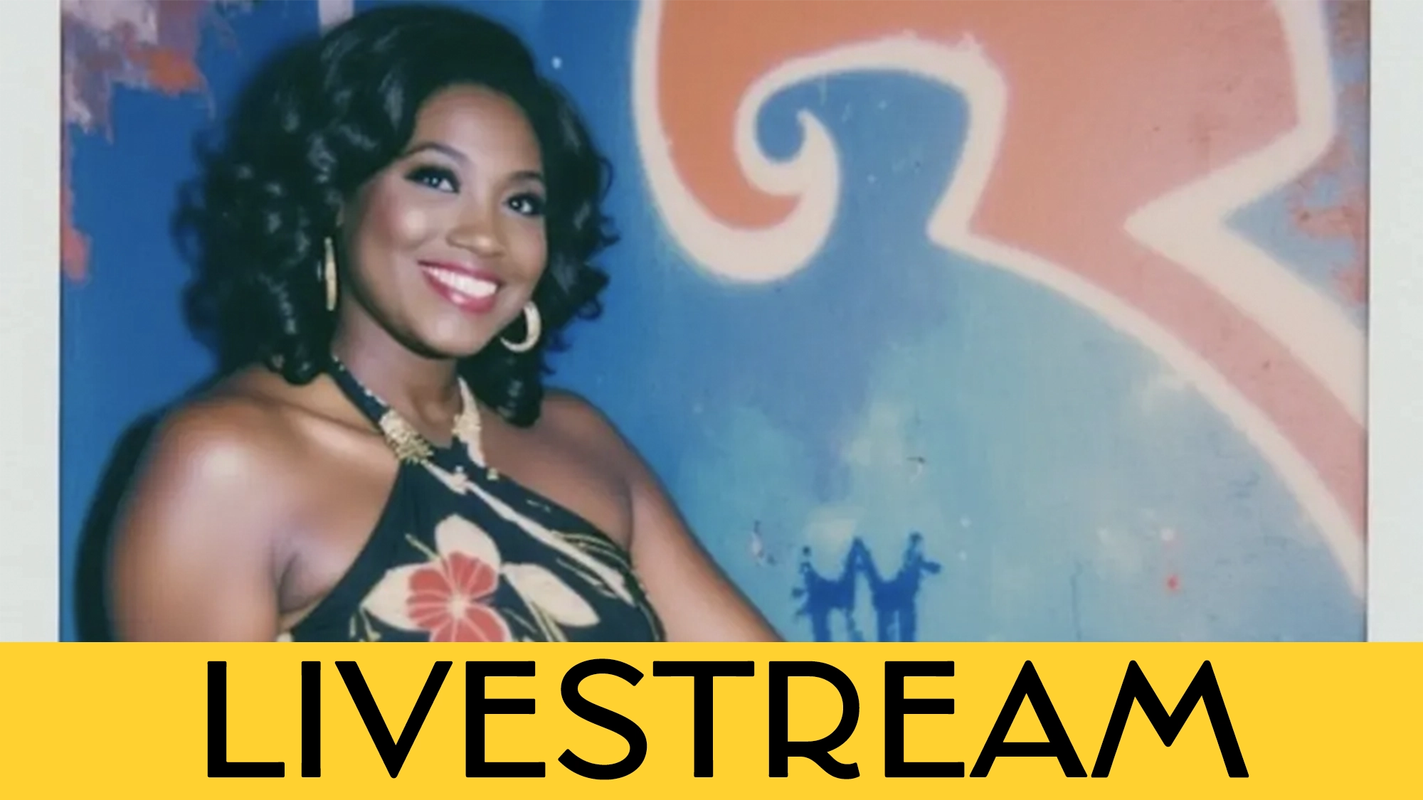 A smiling woman with curly hair in a floral dress stands before a colorful graffiti wall. The bottom of the image features a bold yellow banner with 