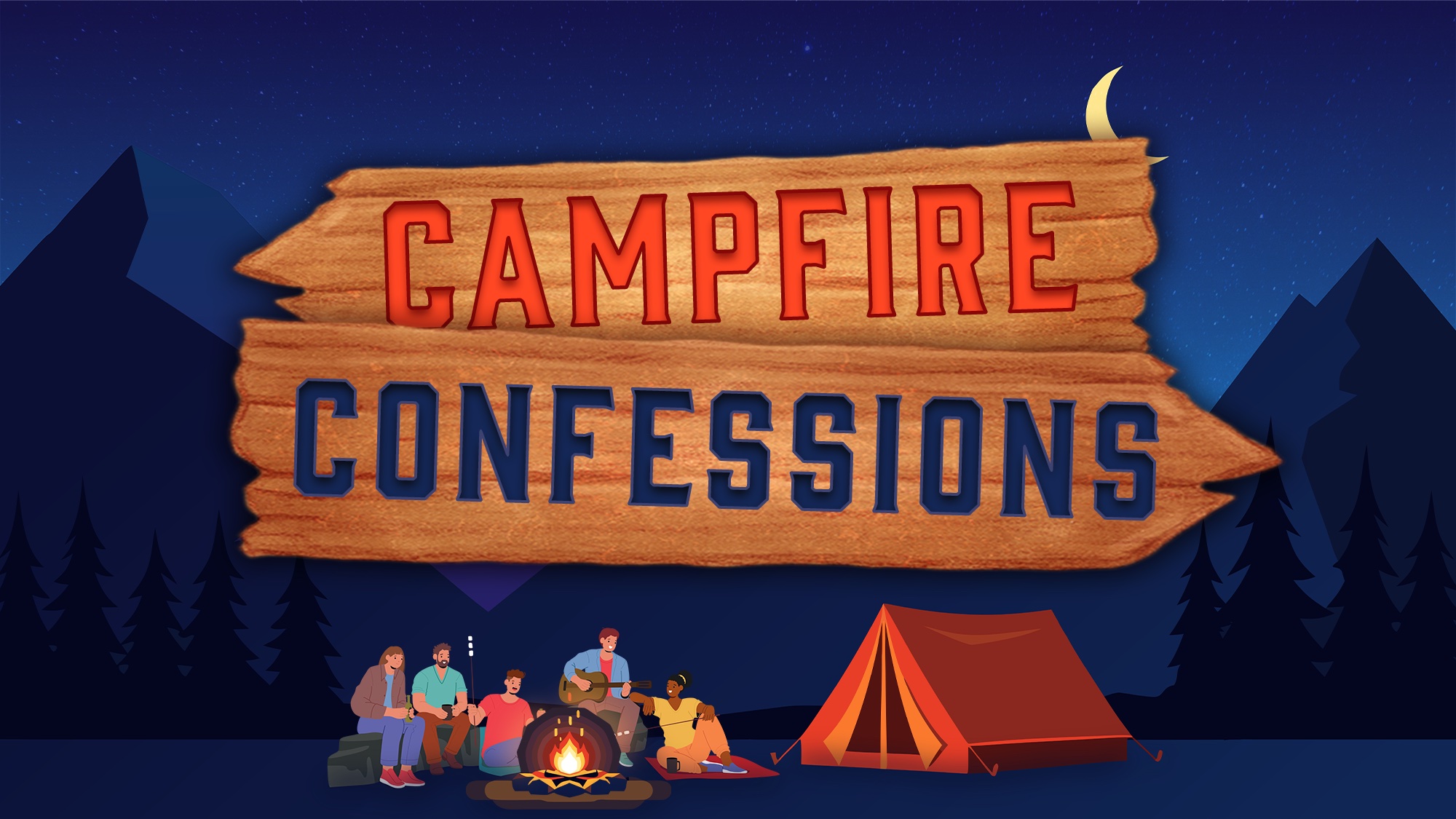 Illustration of five people sitting around a campfire, sharing campfire stories and playing guitar, with a tent nearby. Mountains, pine trees, and a crescent moon set the scene under a large wooden 