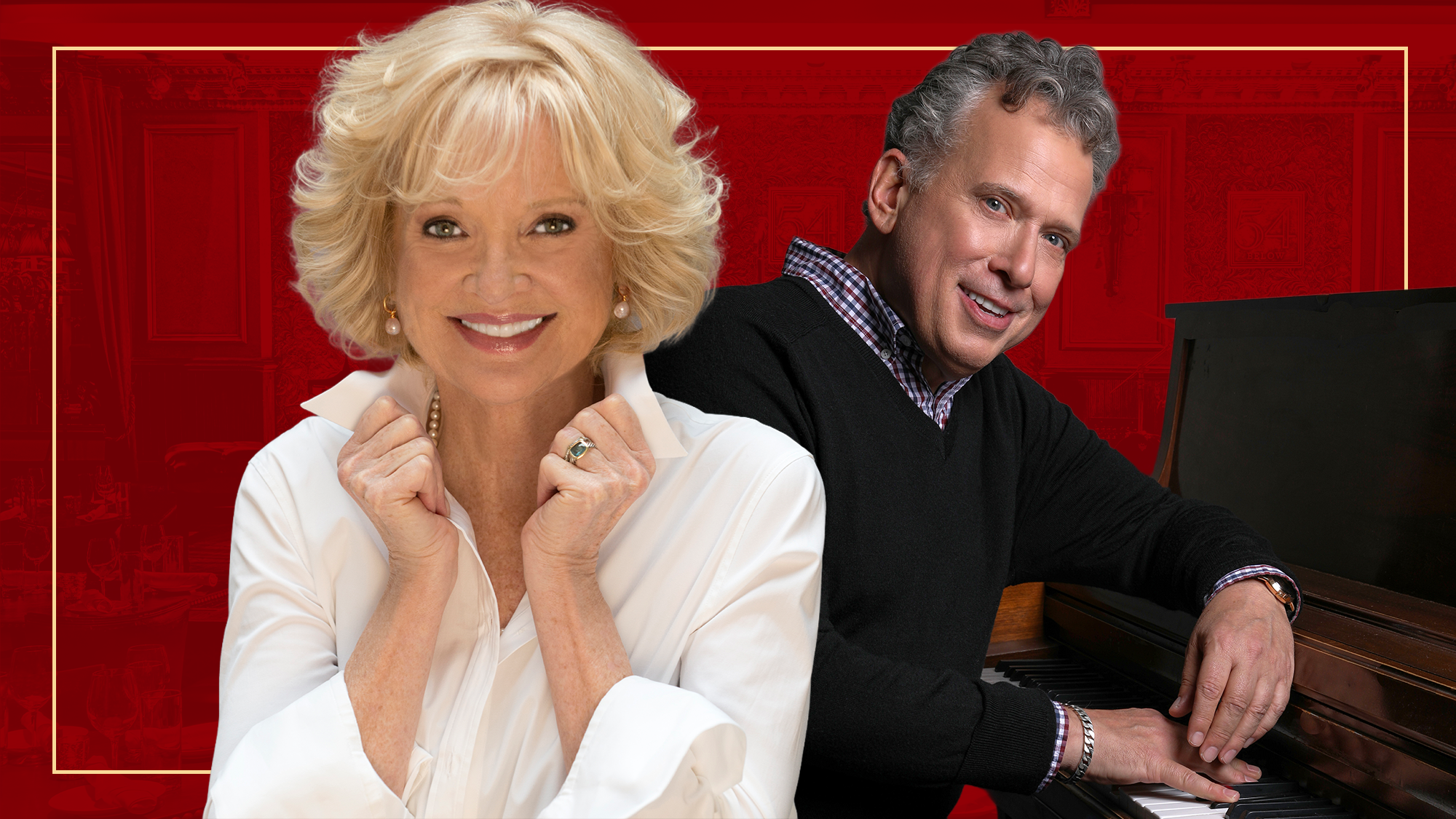 A smiling Christine Ebersole with short blonde hair and a white shirt poses in the foreground. Behind her, Billy Stritch, gray-haired in a dark sweater, sits at a piano. The background is red with faint outlines of picture frames.