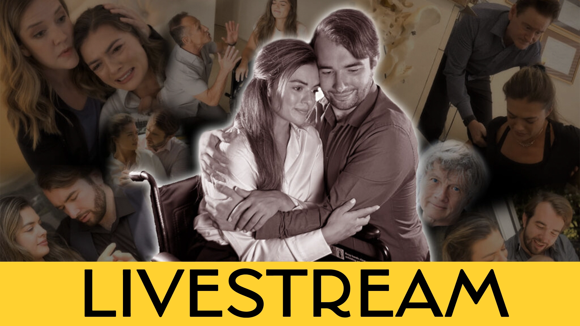 A collage shows emotional scenes of people comforting each other. At the center, a man and woman embrace lovingly; the woman is in a wheelchair, reflecting Corinne's Heart. 