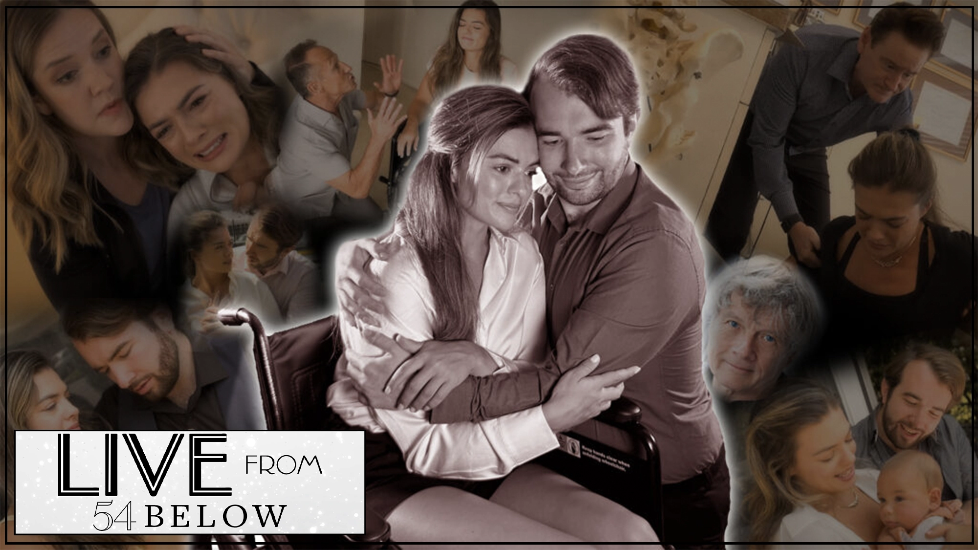 A collage of emotional scenes shows a young couple embracing at the center, the woman in a wheelchair. Images of comfort and support surround them. Discover Corinne's Heart, a new musical by Charles Mandracchia. LIVE FROM 54 BELOW appears at the bottom left.