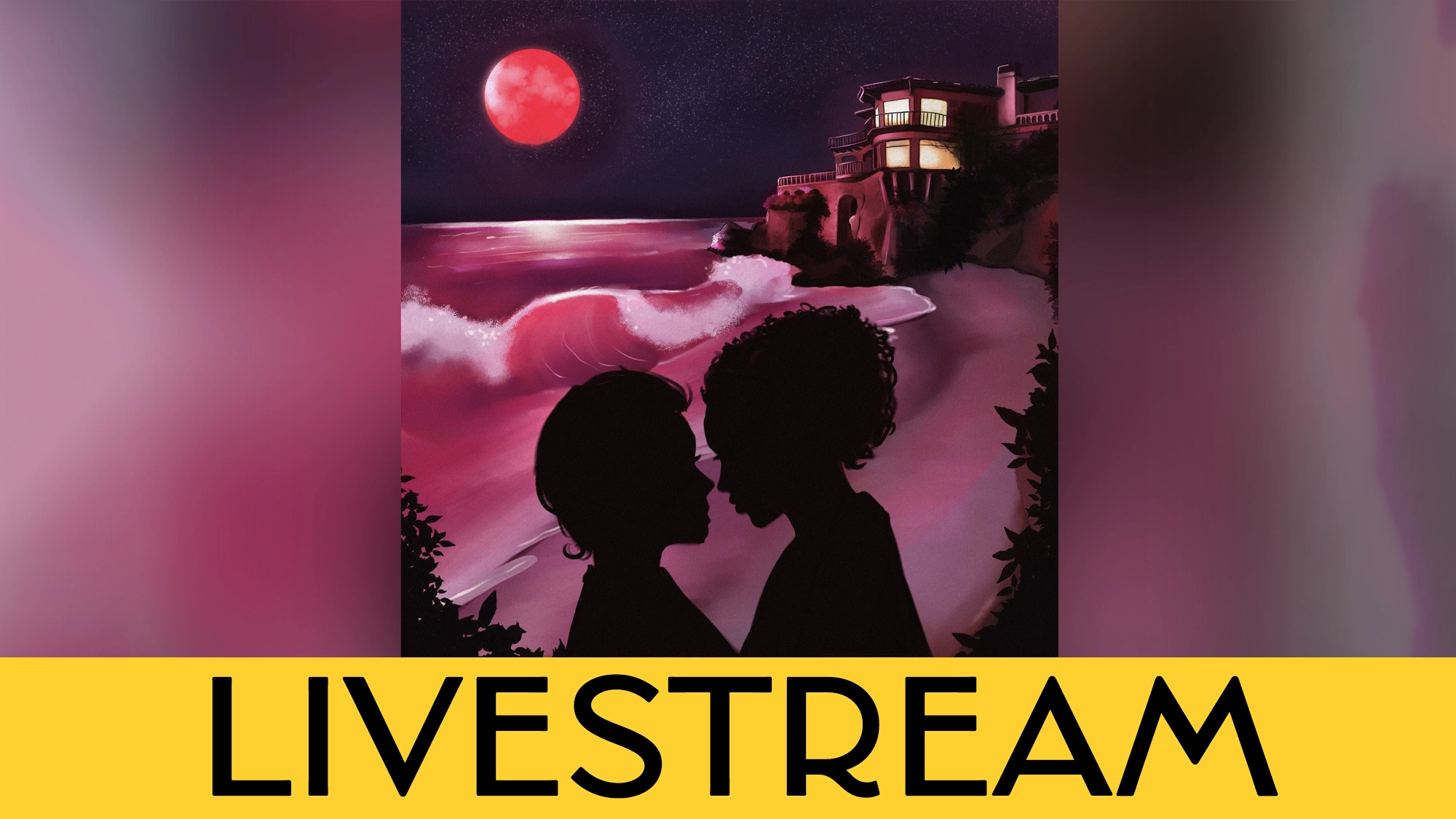 Two silhouetted figures face each other on a cliff by the ocean under a red moon. Waves crash as a lit-up house—Blood Moon Manor—looms above. The scene glows red and purple. 
